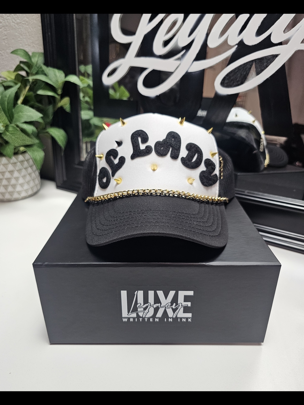 'Ol Lady' Custom Black & White Studded Trucker Hat